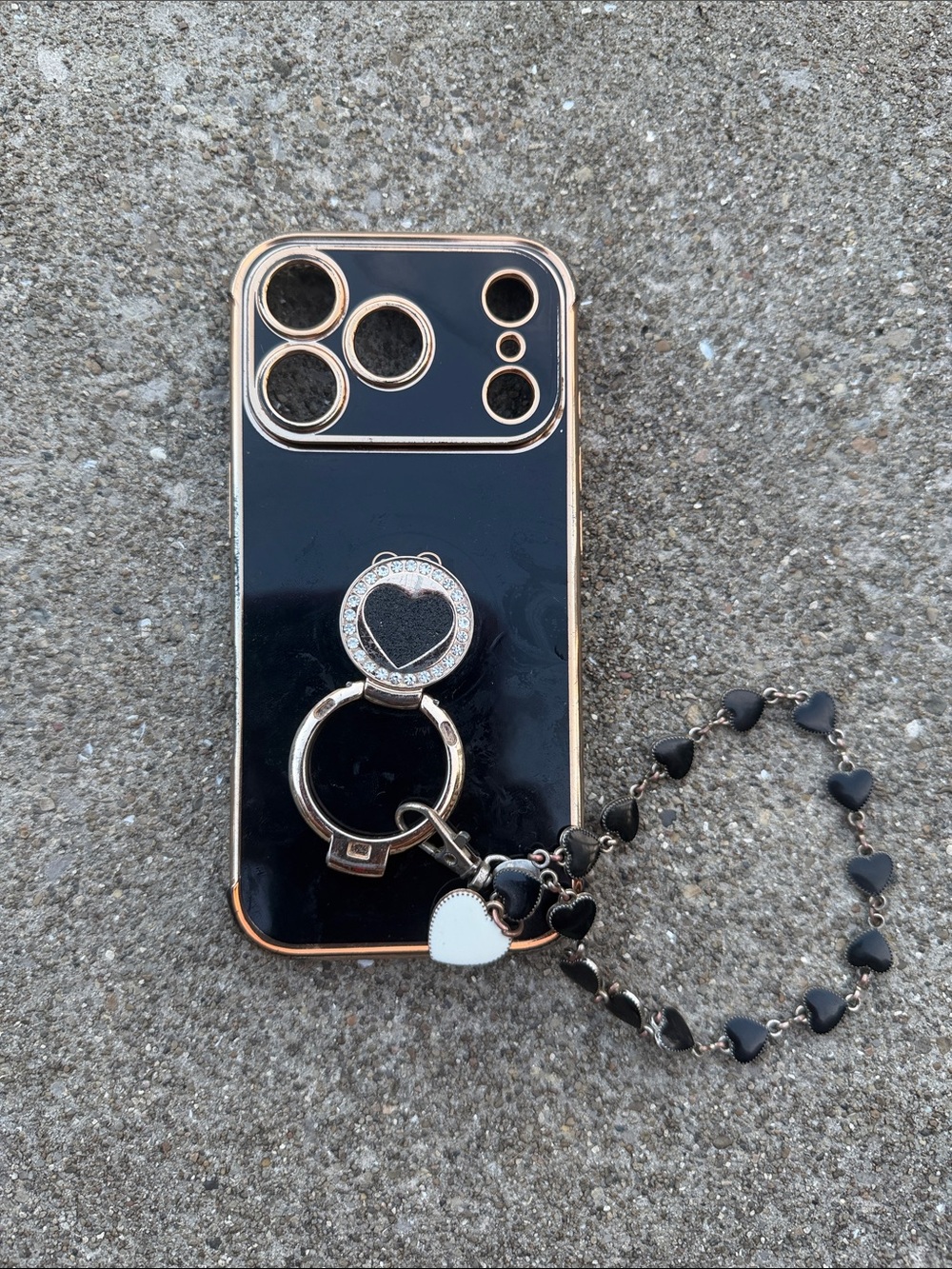 iPhone 17 pro Black and Rose Gold Decorative Phone Case with Heart Ring Holder